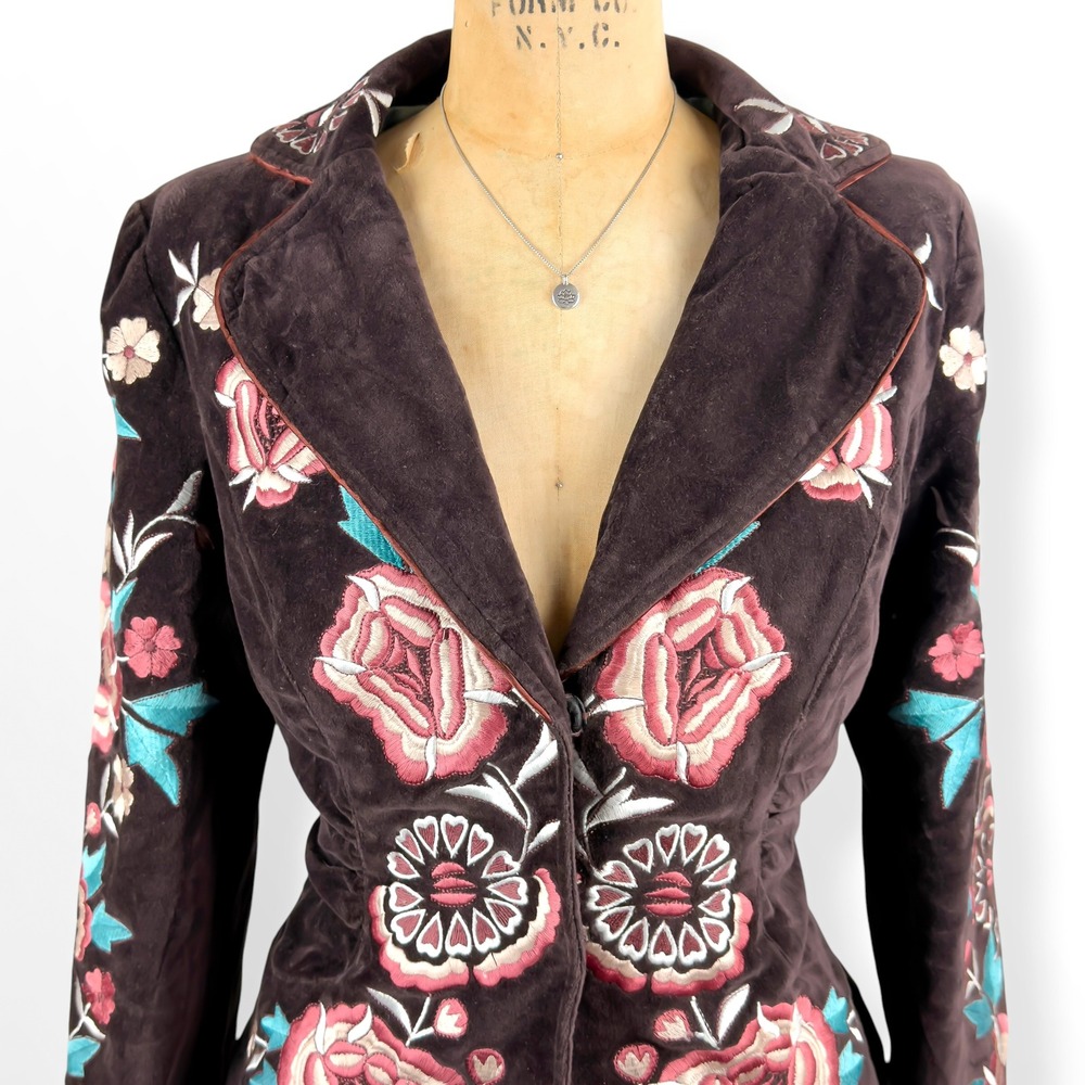 Vtg Cache Floral Embroidered Brown Velvet Fitted Blazer Jacket Sz 4 Y2K Western - Picture 4 of 12